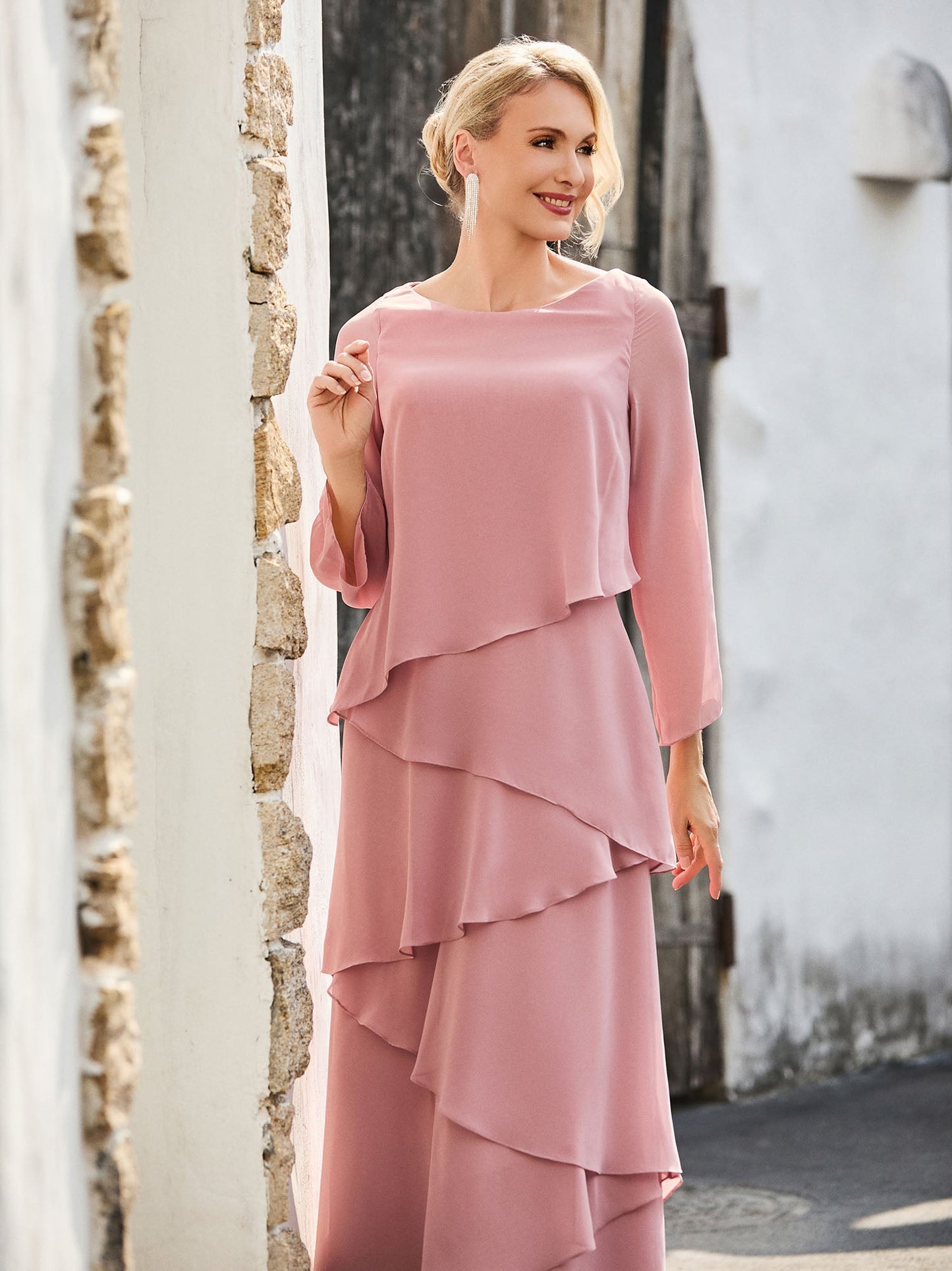 Long Sleeve Chiffon Dress with Cascading Ruffles Dusty Rose