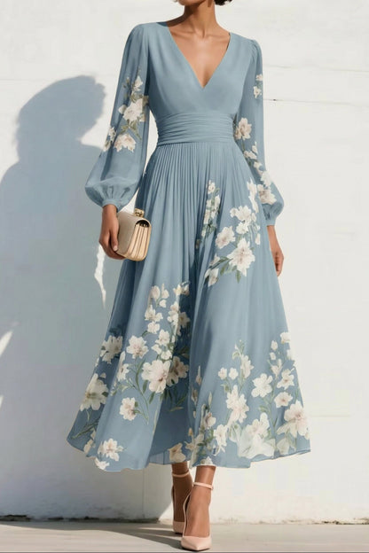 V-Neck Print-Chiffon Pleated Tea-Length Mother of the Bride Dress