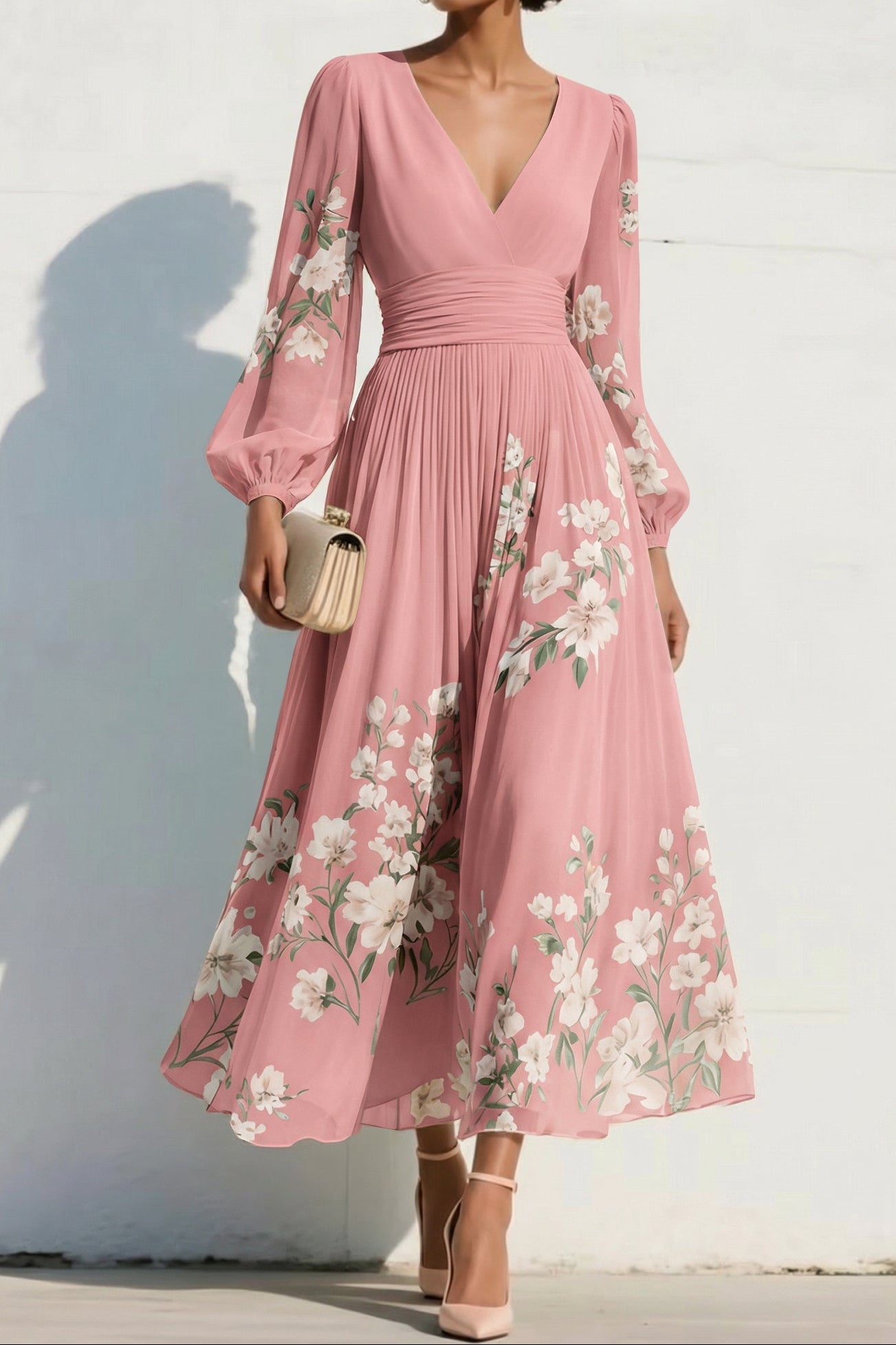 V-Neck Print-Chiffon Pleated Tea-Length Mother of the Bride Dress