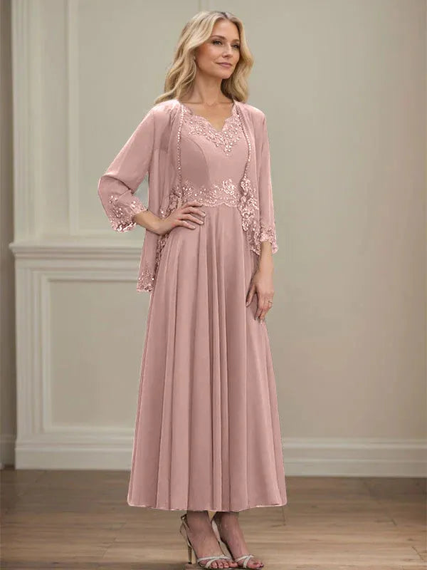 A-line V-Neck Ankle-Length Chiffon Mother of the Bride Dress