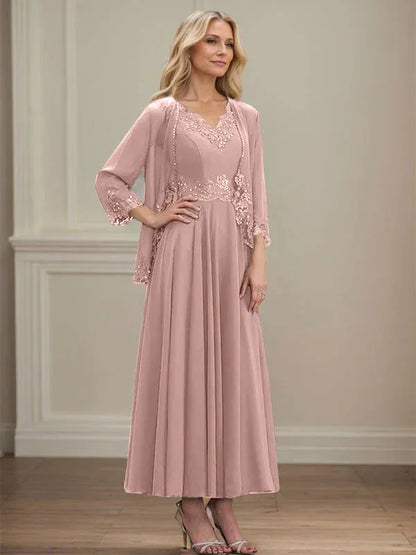 A-line V-Neck Ankle-Length Chiffon Mother of the Bride Dress