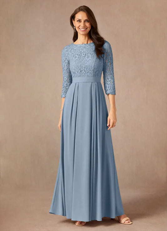 Dusty Blue A-Line Lace Floor-Length Dress Three-Quarter Mother of the Bride Dress