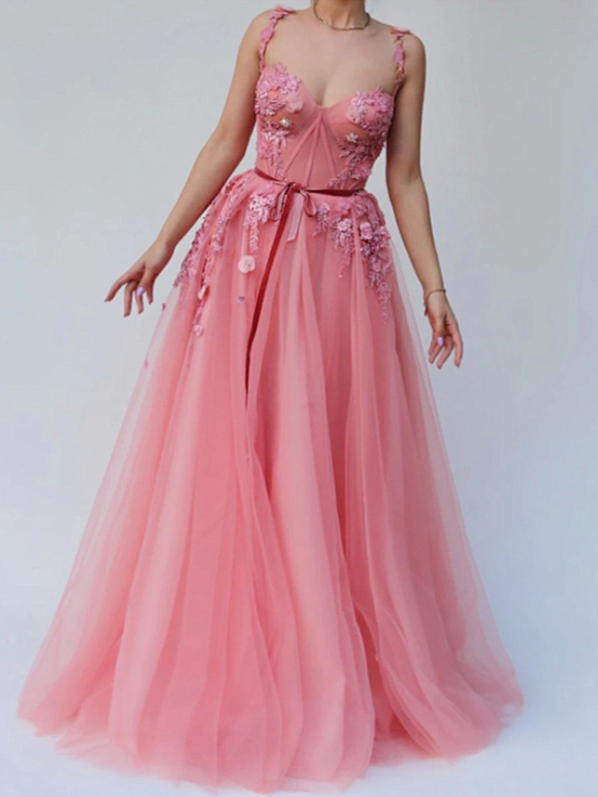 Pink Lace Floral Formal Graduation Dress