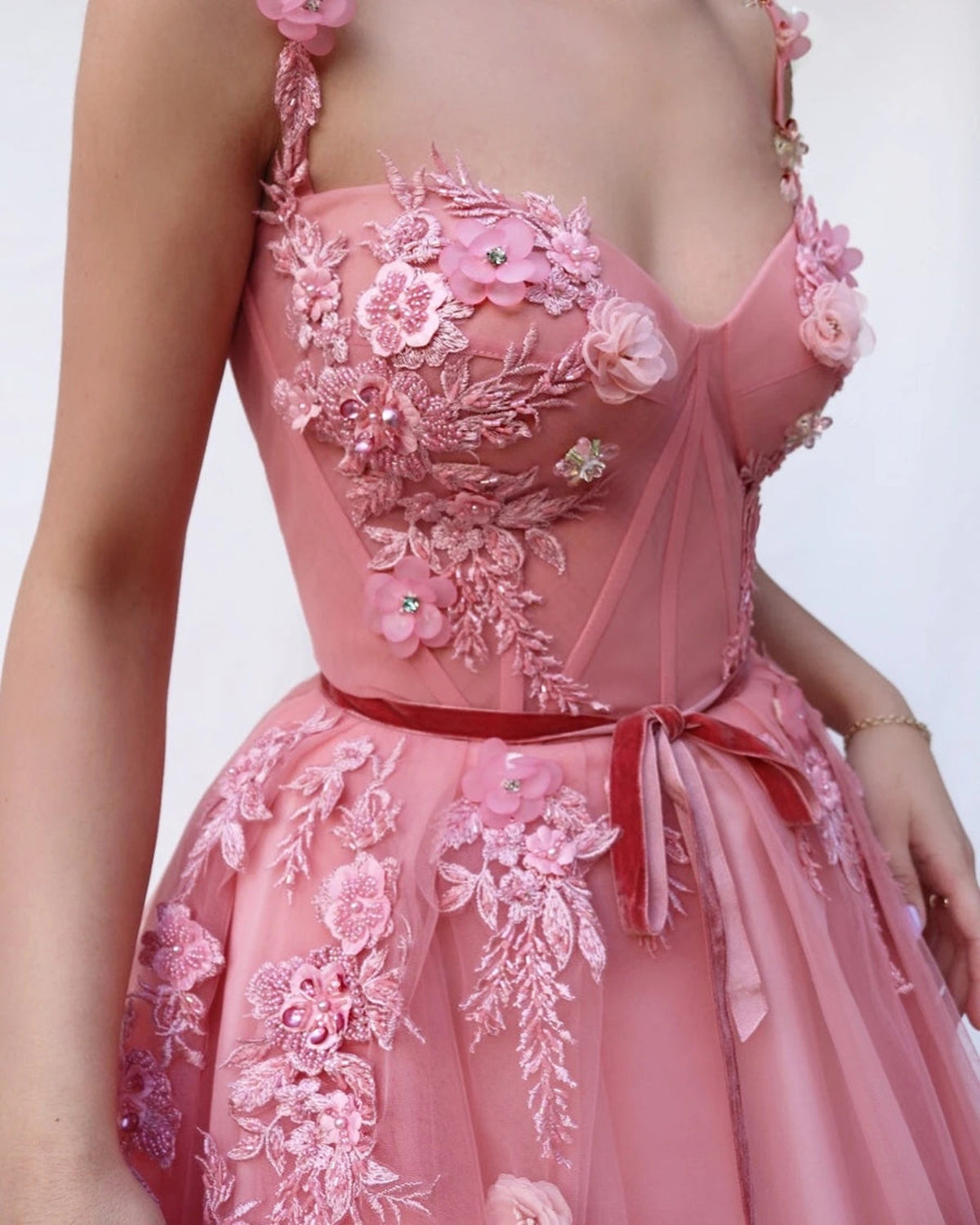 Pink Lace Floral Formal Graduation Dress