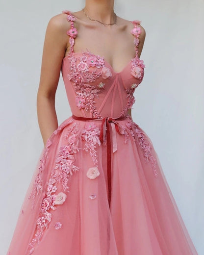Pink Lace Floral Formal Graduation Dress