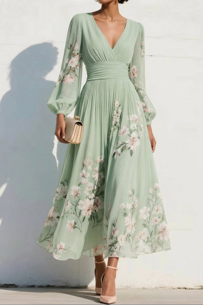 V-Neck Print-Chiffon Pleated Tea-Length Mother of the Bride Dress