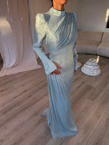 Blue High Neck Ruched Long Sleeves Sheath Evening Formal Dress