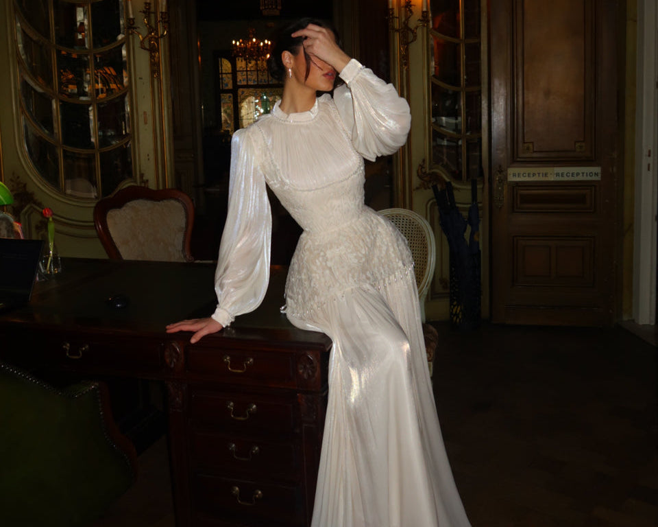 Ivory High Neck Long Sleeves Beaded Evening Gown Vintage Dress