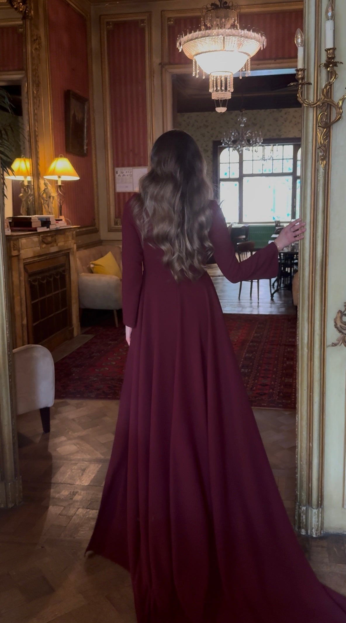 Burgundy Sheath High Neck Long Sleeves Evening Dress