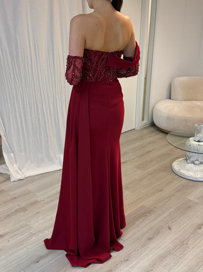 Burgundy Long SleevesOff-Shoulder Ruched Evening Dress