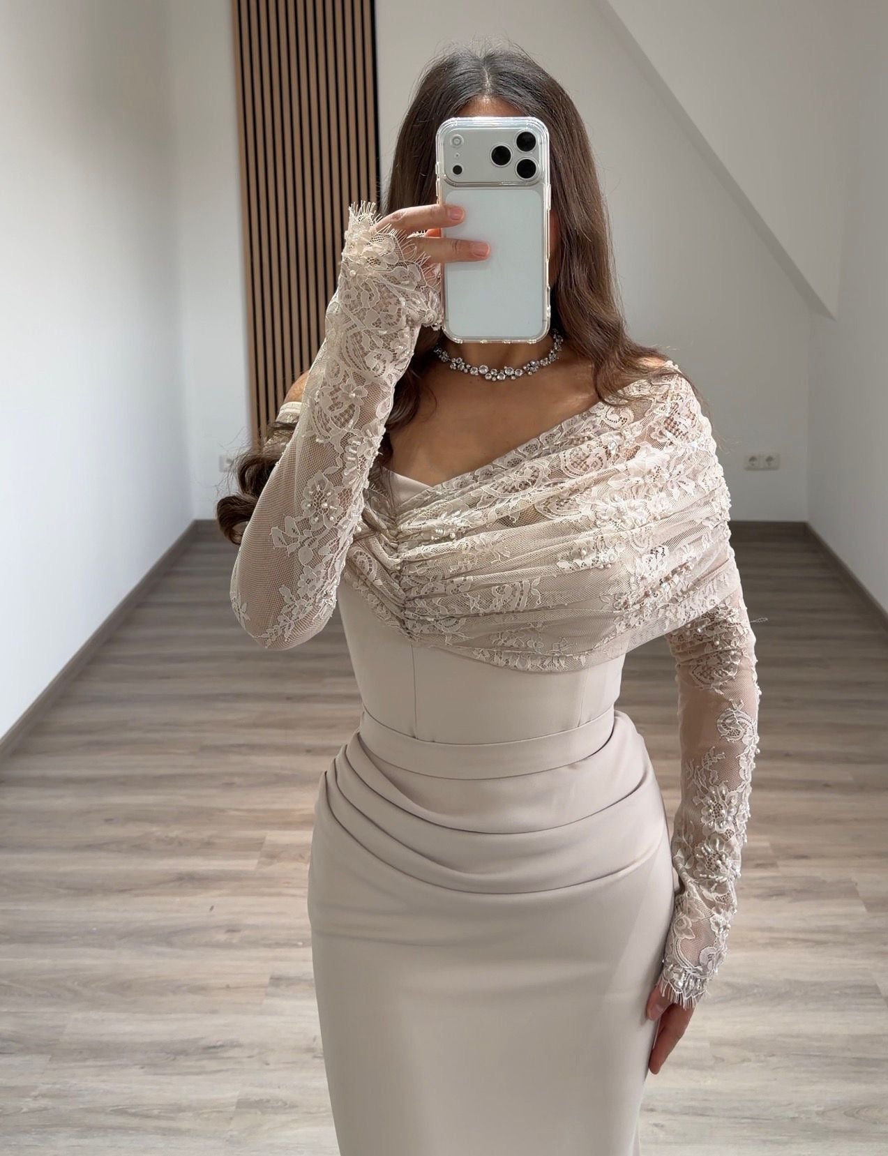 Sheath Long Sleeves High Neck Empire-Waist Formal Evening Dress