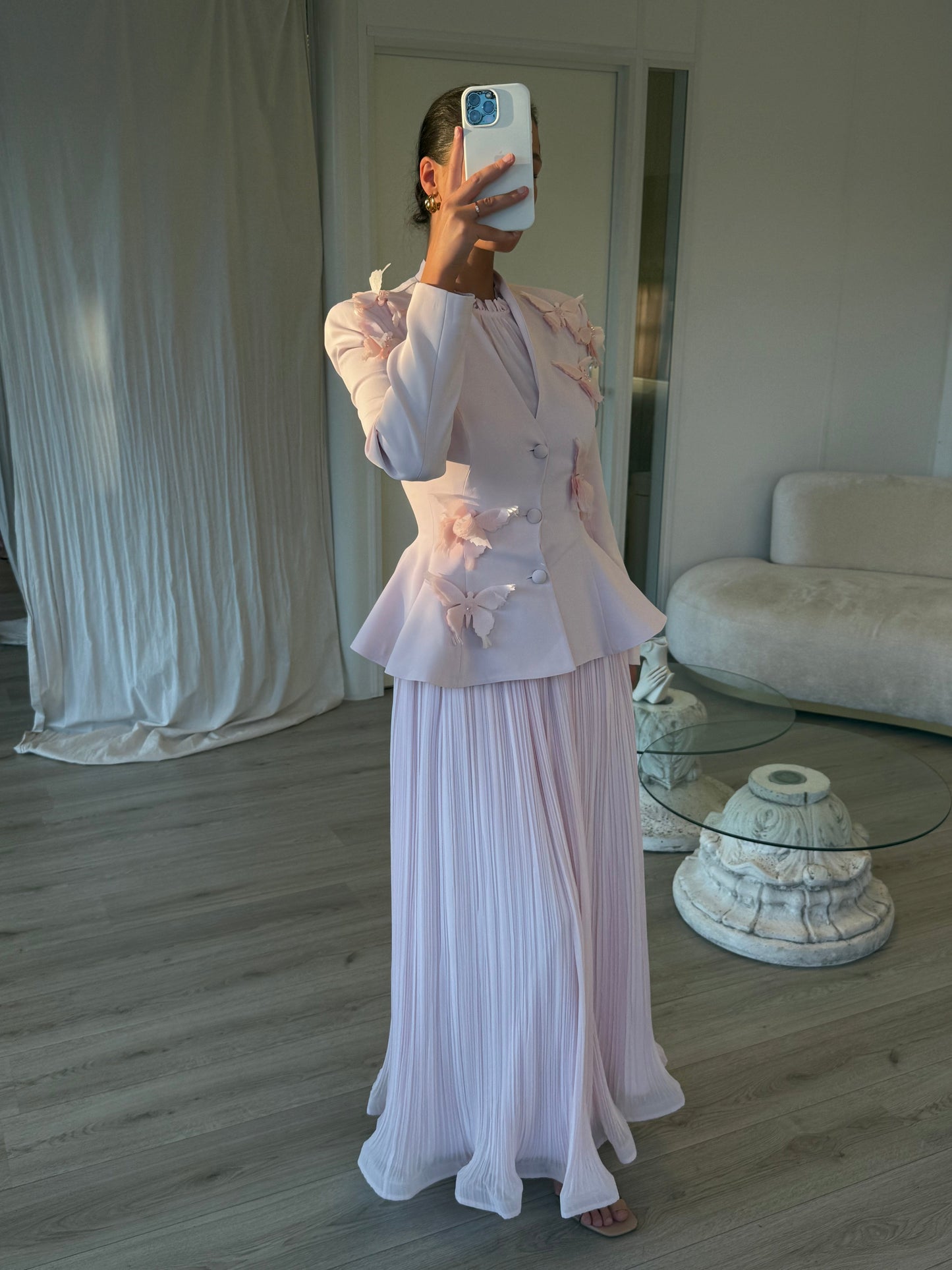 Pink Two-Piece Butterfly Long Sleeves Drapey Long Evening Formal Dress