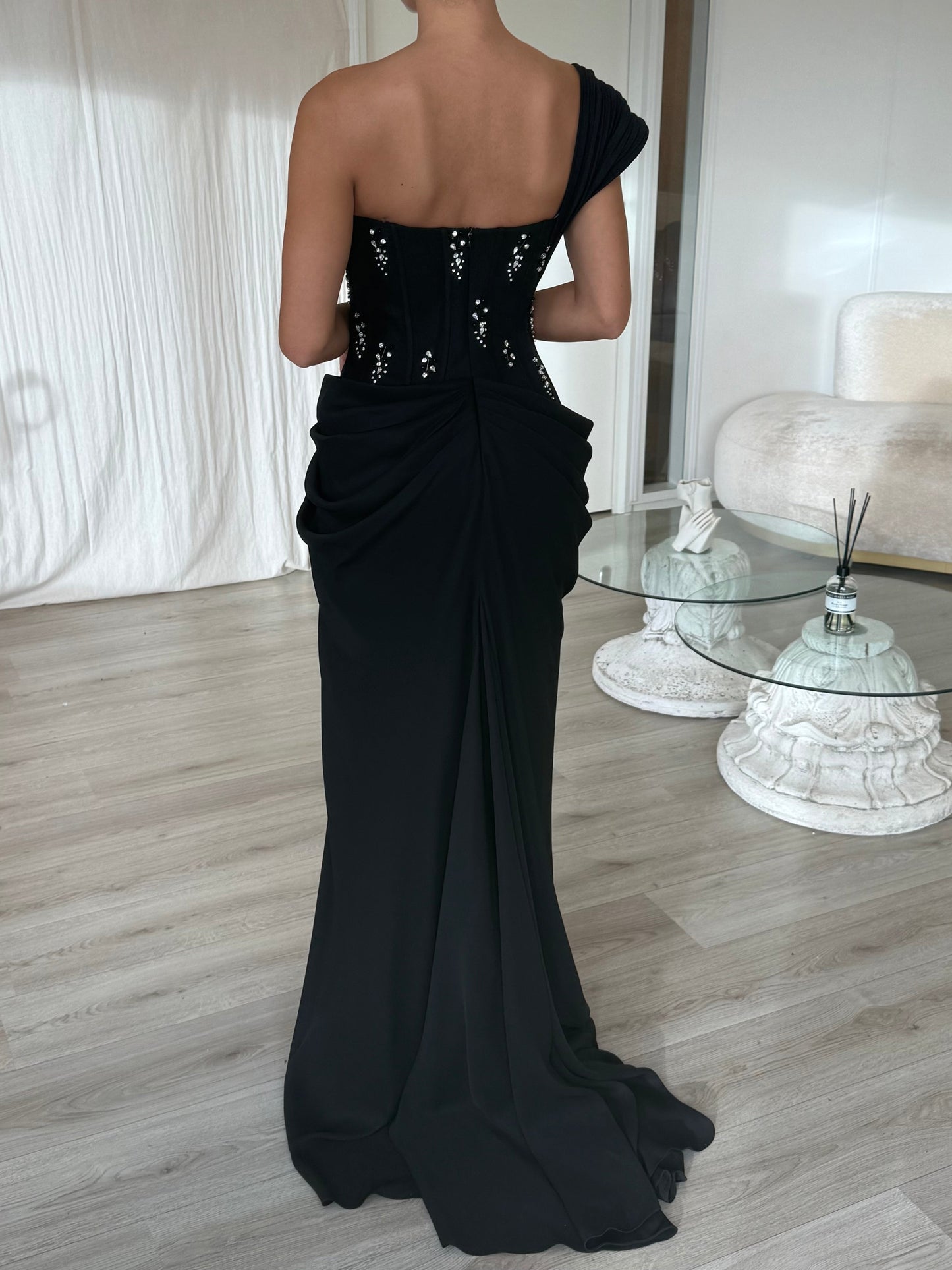 A-Line Black One Shoulder Evening Dress