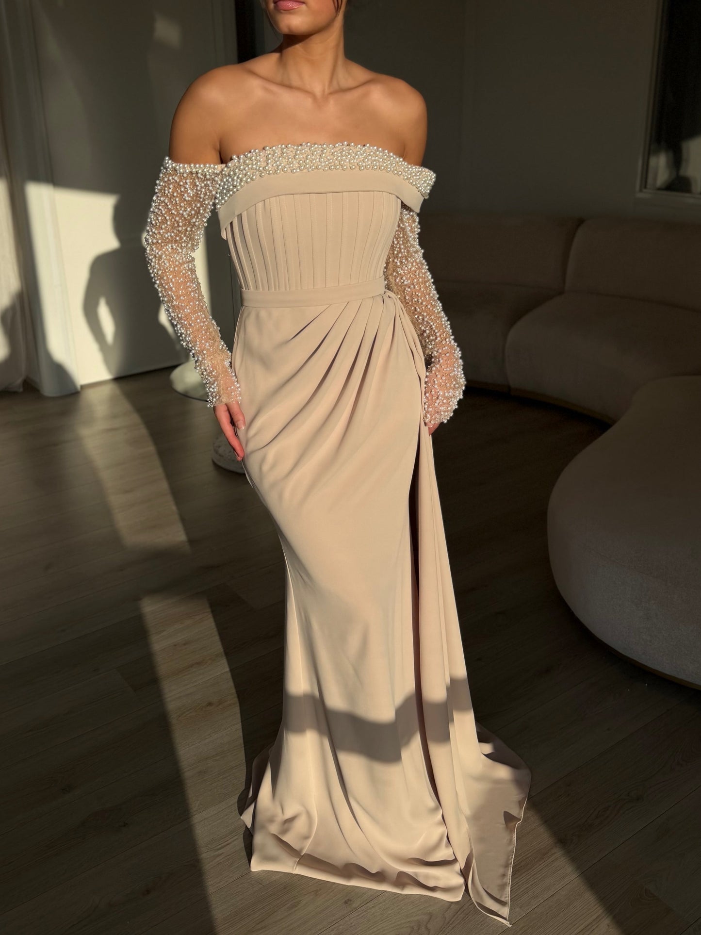 A-Line Long Sleeves Off-Shoulder Pearls Evening Dress