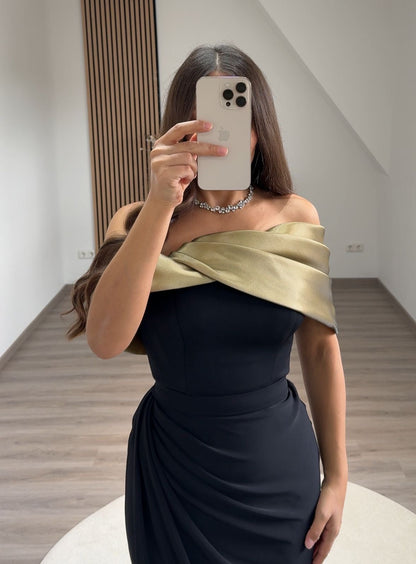 Black Off-Shoulder Sleeveless Slit Ruched Evening Dress