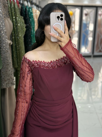 Burgundy Off Shoulder Long Sleeves Ruched Sheath Evening Gown