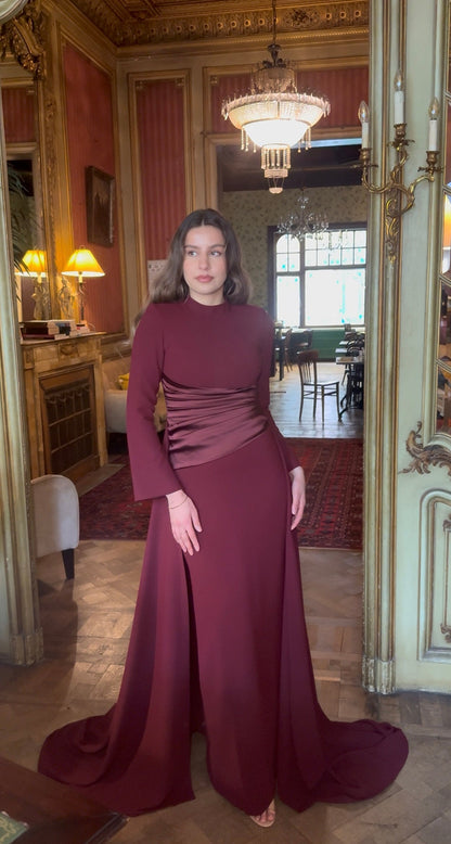 Burgundy Sheath High Neck Long Sleeves Evening Dress