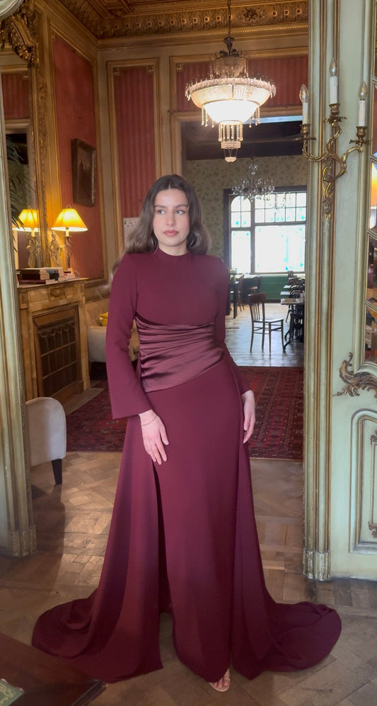 Burgundy Sheath High Neck Long Sleeves Evening Dress