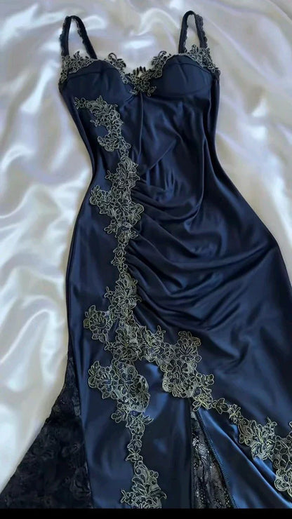 Elegant Spaghetti Straps Mermaid Satin Appliques Prom Dress