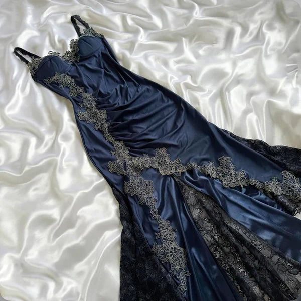 Elegant Spaghetti Straps Mermaid Satin Appliques Prom Dress
