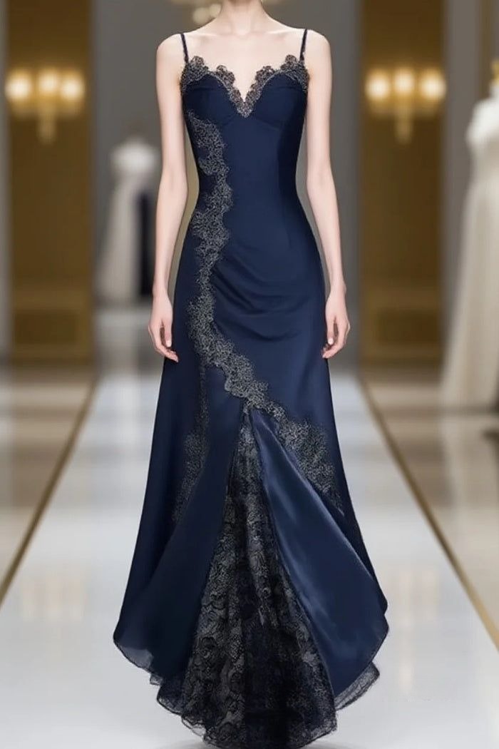 Elegant Spaghetti Straps Mermaid Satin Appliques Prom Dress
