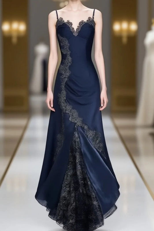 Elegant Spaghetti Straps Mermaid Satin Appliques Prom Dress