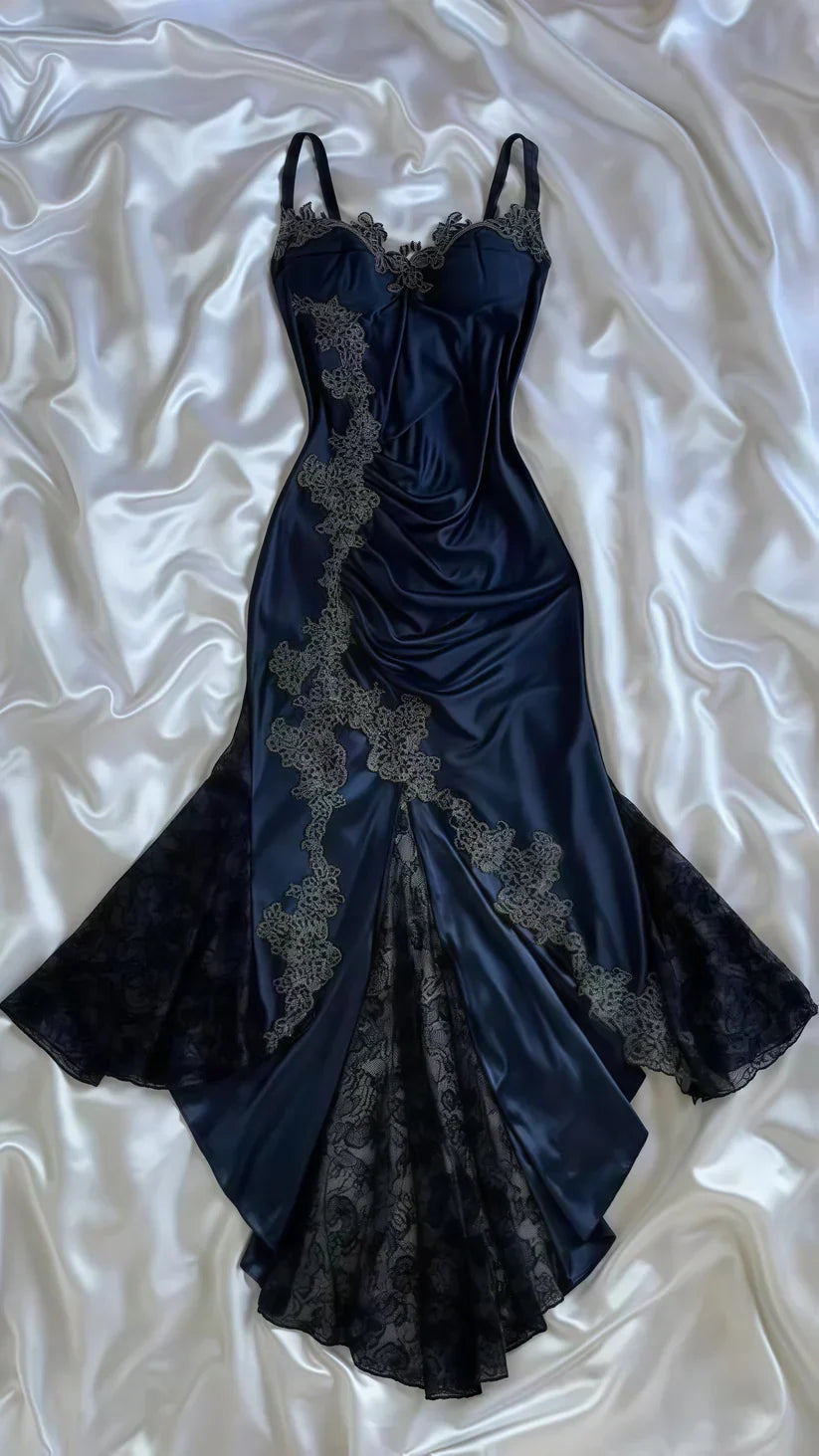 Elegant Spaghetti Straps Mermaid Satin Appliques Prom Dress