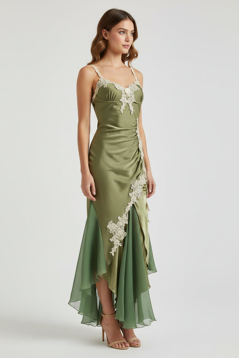 Elegant Spaghetti Straps Mermaid Satin Appliques Prom Dress