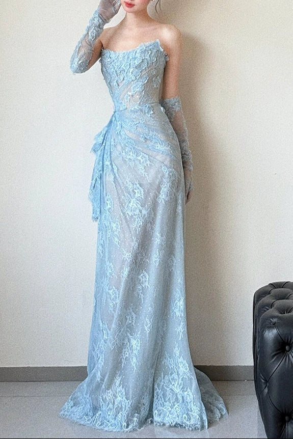 Glam Strapless Sheath Long Prom Dresses with Appliques