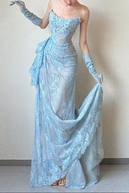 Glam Strapless Sheath Long Prom Dresses with Appliques