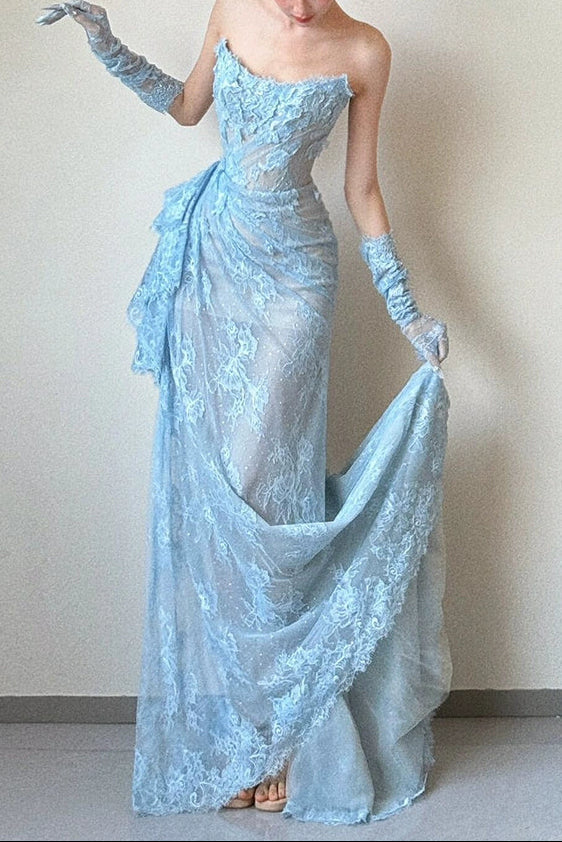 Strapless Sheath Long Prom Dresses with Appliques