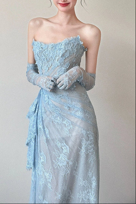 Strapless Sheath Long Prom Dresses with Appliques