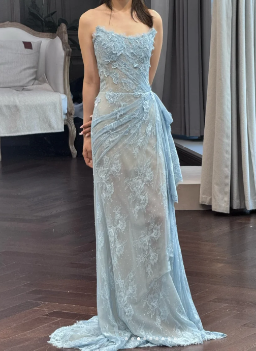 Strapless Sheath Long Prom Dresses with Appliques