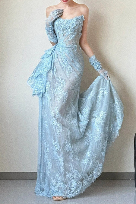 Strapless Sheath Long Prom Dresses with Appliques