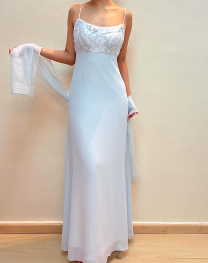 Blue Straps Chiffon Appliques Beaded Prom Evening Dress