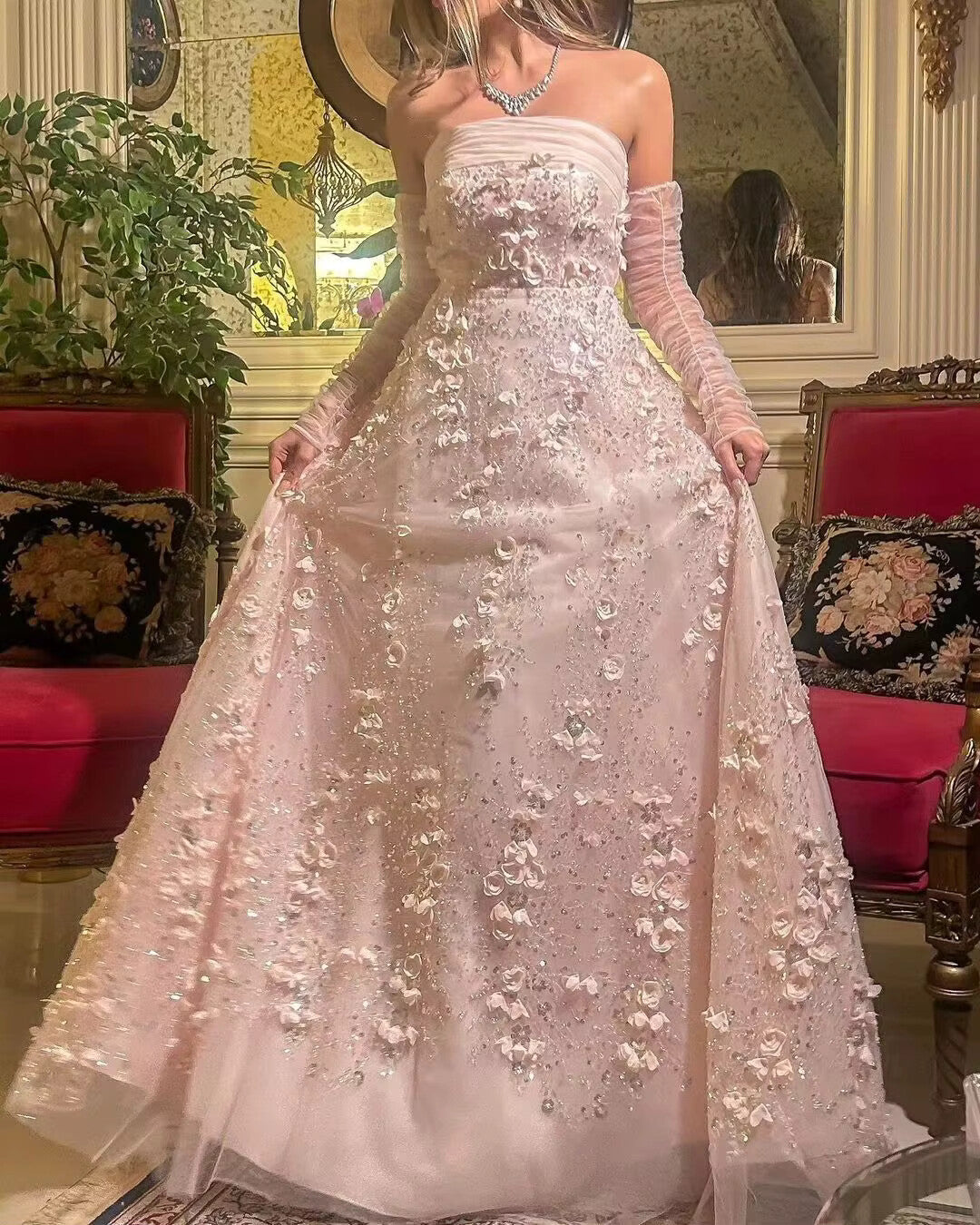 Elegant Blush Pink 3D Flowers Strapless Evening Dress