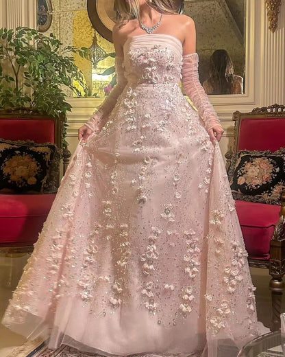 Elegant Blush Pink 3D Flowers Strapless Evening Dress