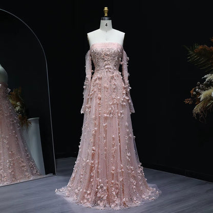 Elegant Blush Pink 3D Flowers Strapless Evening Dress