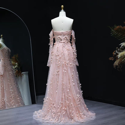 Elegant Blush Pink 3D Flowers Strapless Evening Dress