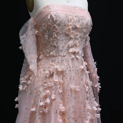 Elegant Blush Pink 3D Flowers Strapless Evening Dress