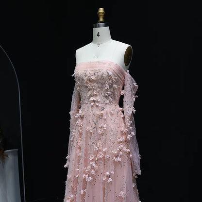 Elegant Blush Pink 3D Flowers Strapless Evening Dress