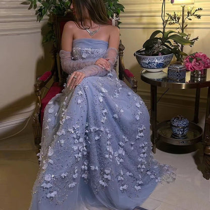 Elegant Blush Pink 3D Flowers Strapless Evening Dress