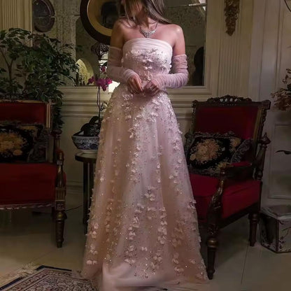 Elegant Blush Pink 3D Flowers Strapless Evening Dress