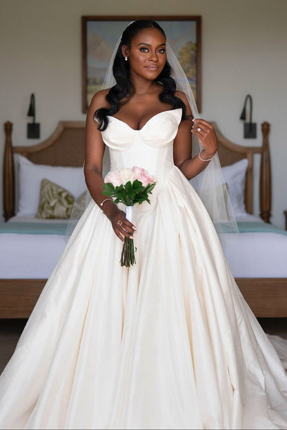 Elegant Long Ball Gown Ivory V-neck Sleeveless Satin Wedding Dress