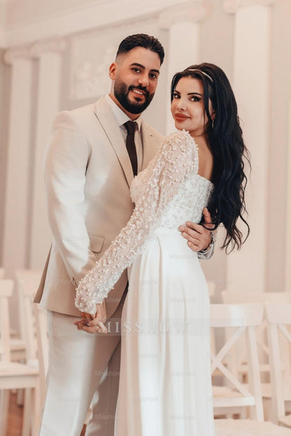 Elegant White A-Line Square Beaded Long Sleeves Ruffles Wedding Dresses