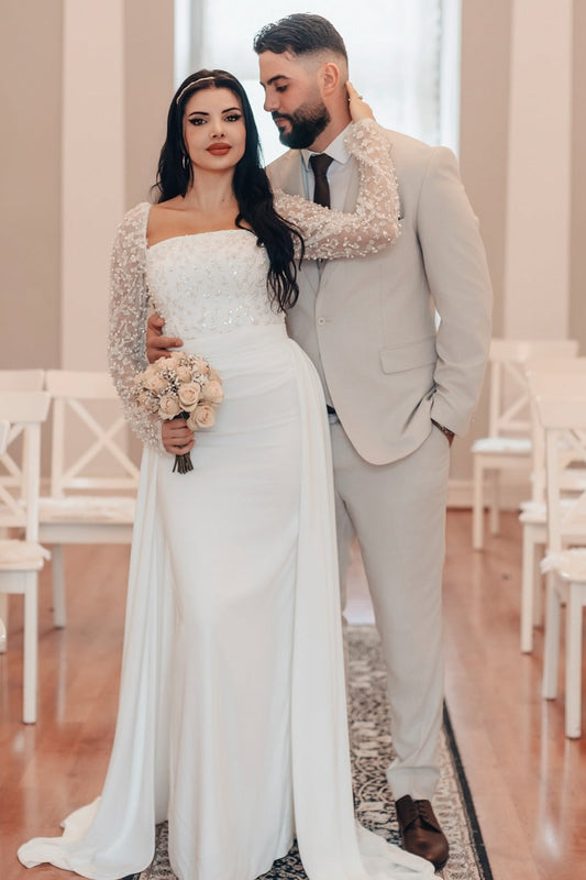 Elegant White A-Line Square Beaded Long Sleeves Ruffles Wedding Dresses