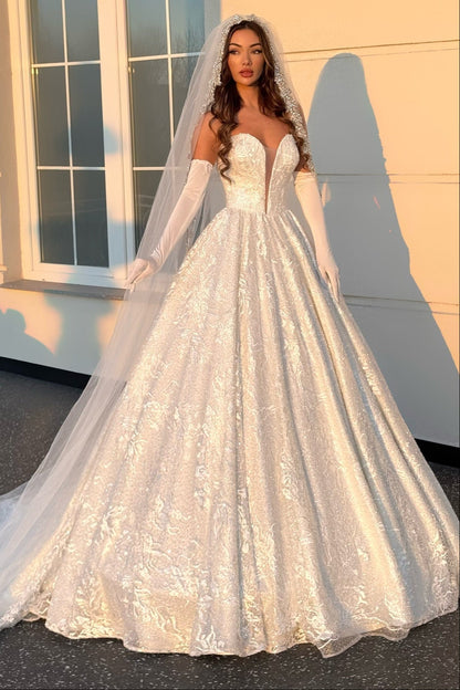 Elegant White Ball Gown V-Neck Sleeveless Beaded Lace Long Wedding Dress