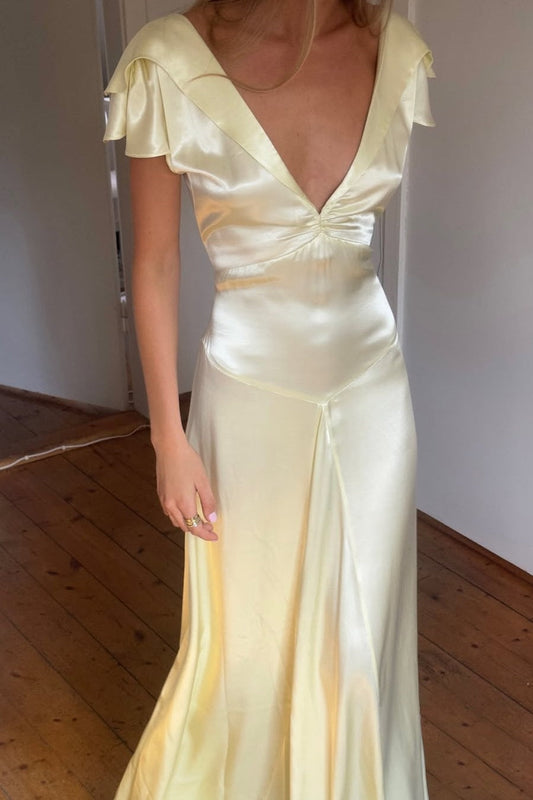 Elegant A Line Deep V Neck Yellow Long Party Dress