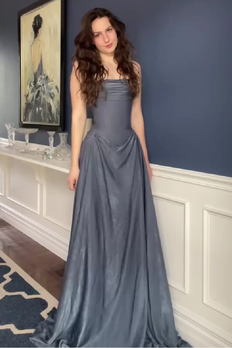 Elegant A Line Strapless Grey Blue Long Prom Dress with Ruffles