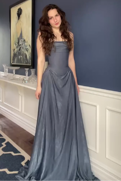 Elegant A Line Strapless Grey Blue Long Prom Dress with Ruffles